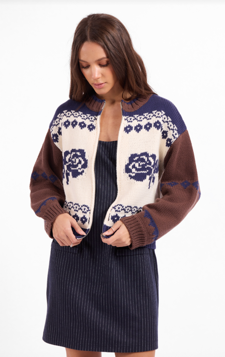 Sweet Rose Jacquard Zip Sweater Jacket - Navy Oak Multi