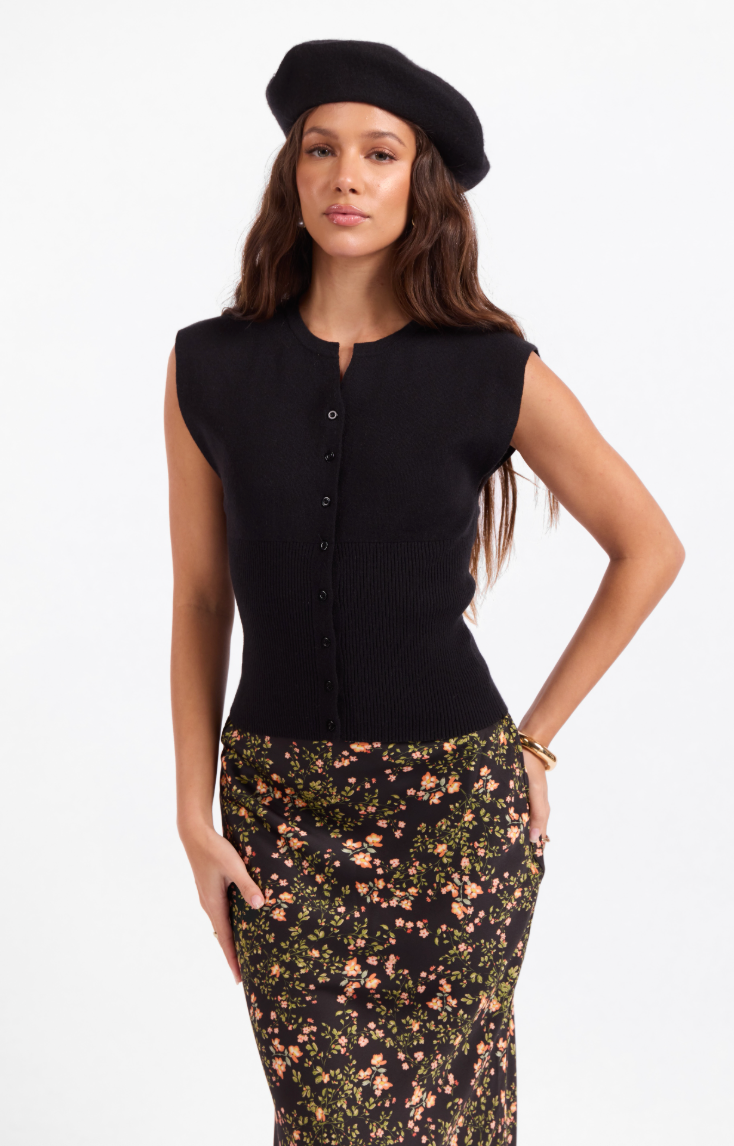 Dollhouse Button Front Sweater - Black
