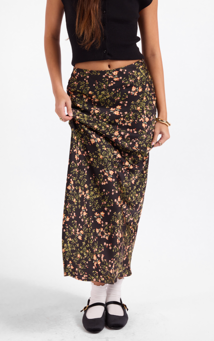 Urban Bloom Midi Skirt - Black Multi