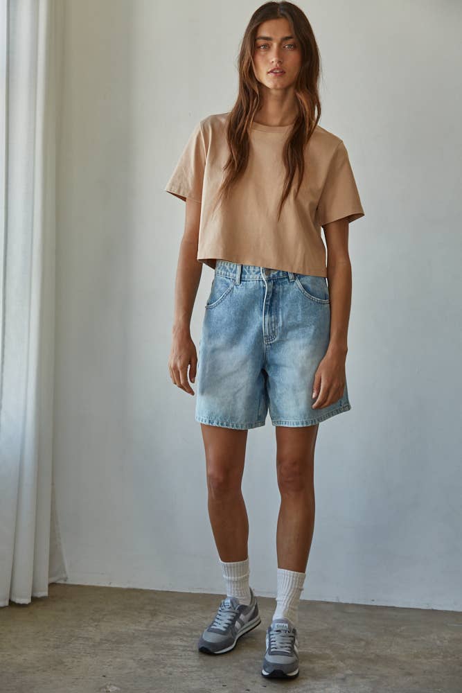 L8686 | Knit Cotton Round Neck Short Sleeve Crop Top