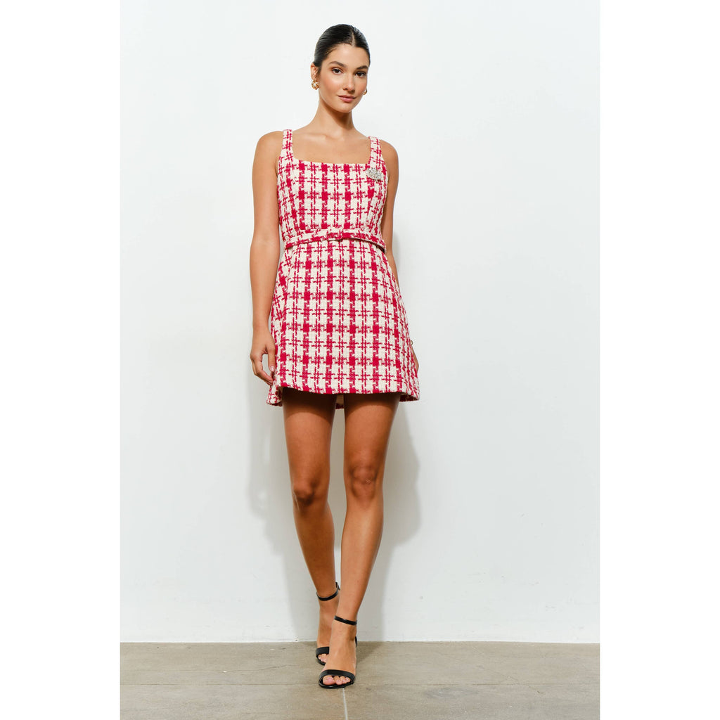 Check Tweed Brooch Detail Belted Mini Dress