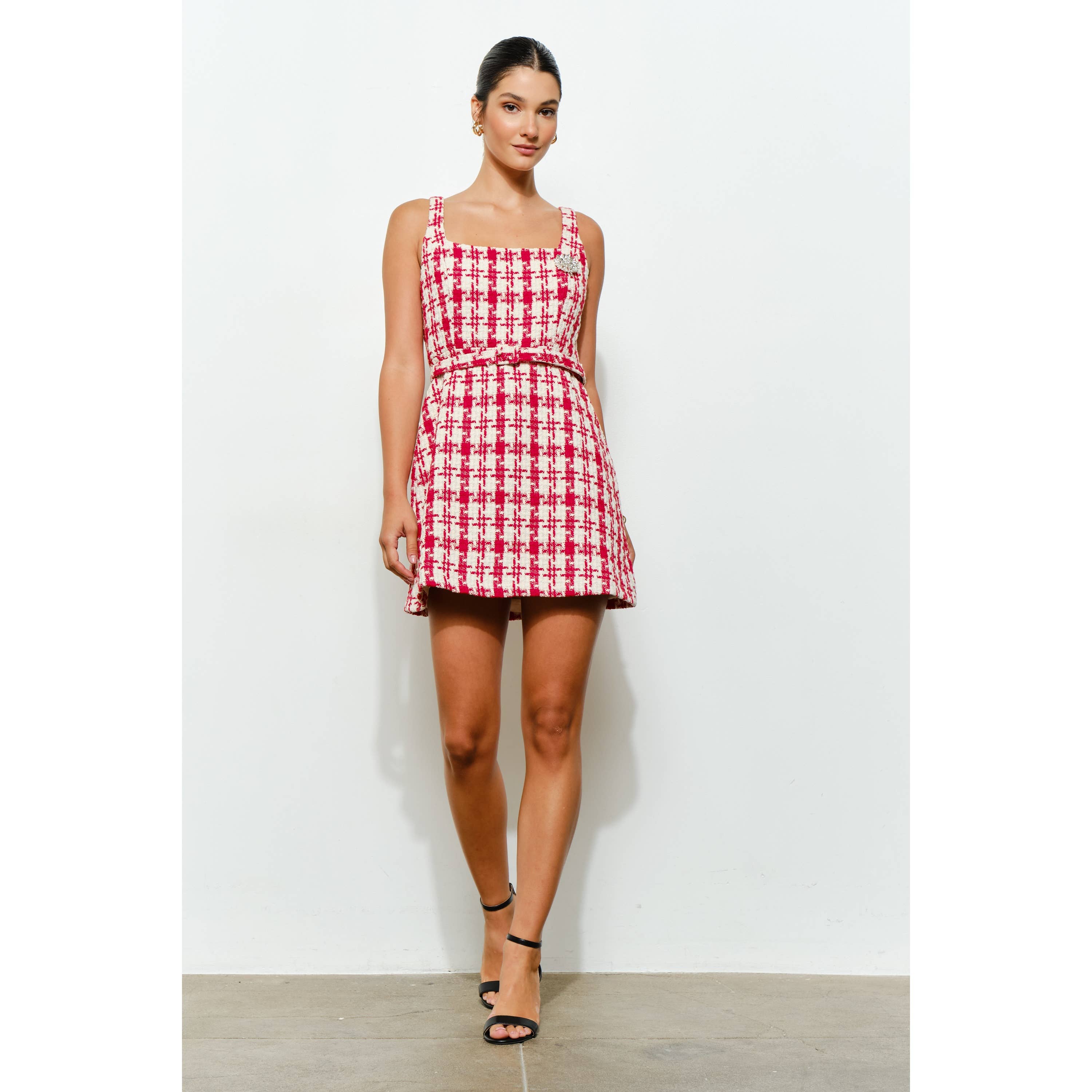 Check Tweed Brooch Detail Belted Mini Dress