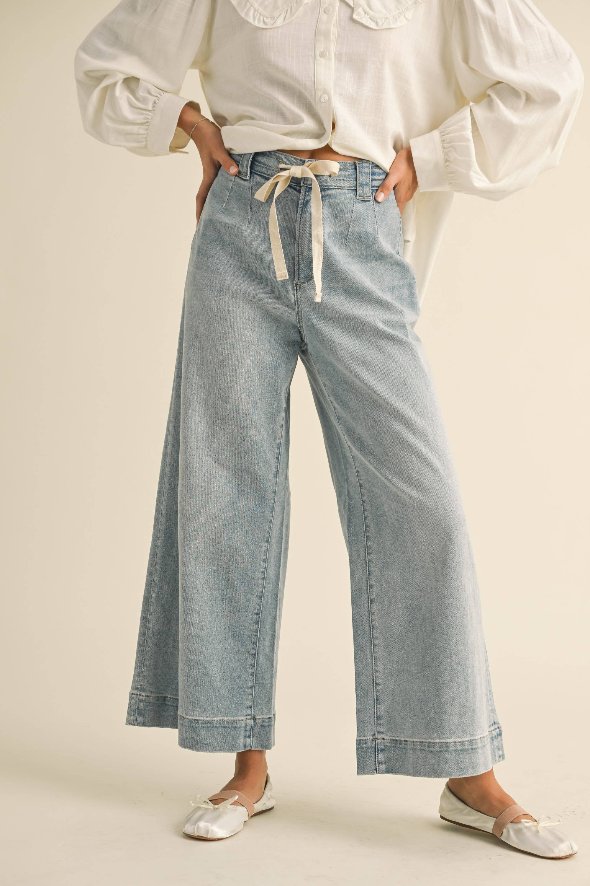 P4880   WASHED DENIM WITH TIE FRONT PANTS