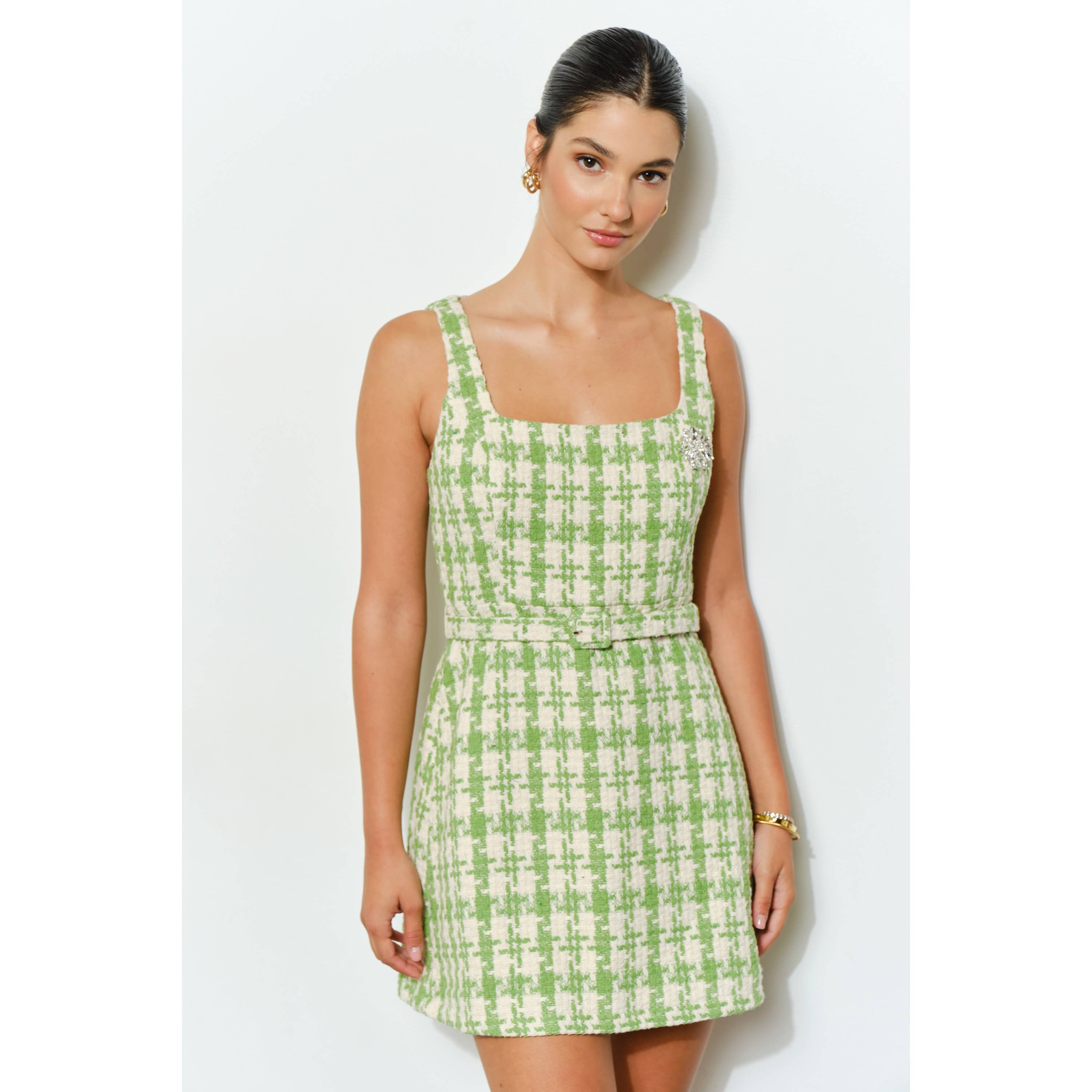 Check Tweed Brooch Detail Belted Mini Dress
