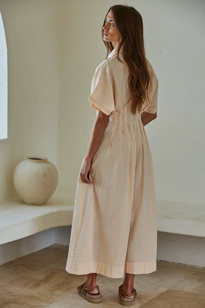 L7650 | Woven Cotton Polyester Striped Pleated Flare Dress