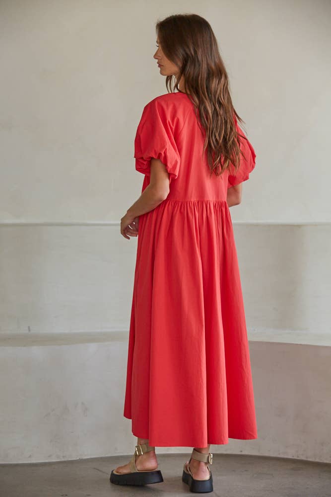 L9483 | Woven Cotton V-Neck Short Puff Sleeve Maxi Dress