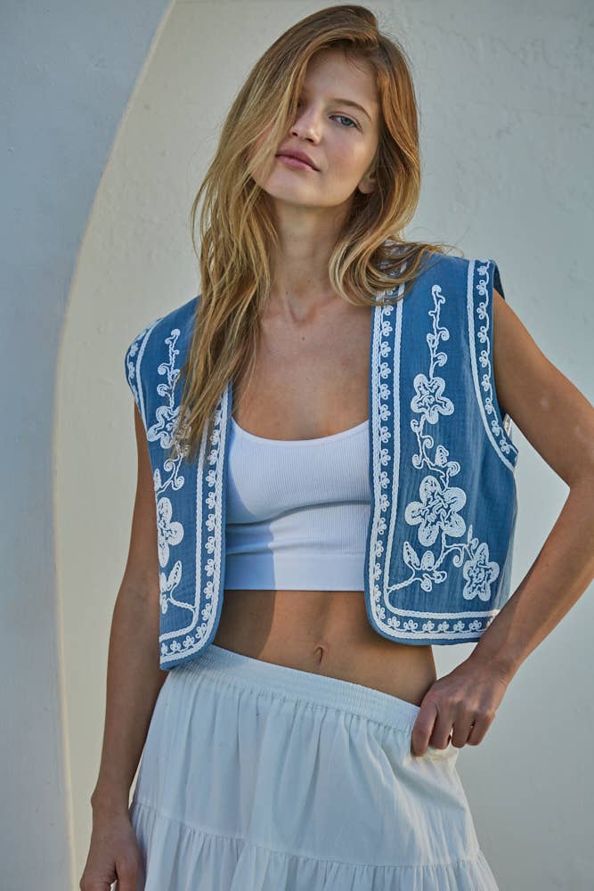 L8361 | Woven Cotton Floral Embroidered Open Front Vest Top