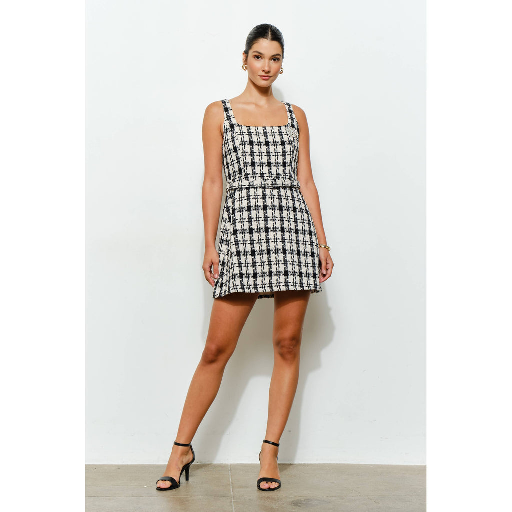 Check Tweed Brooch Detail Belted Mini Dress