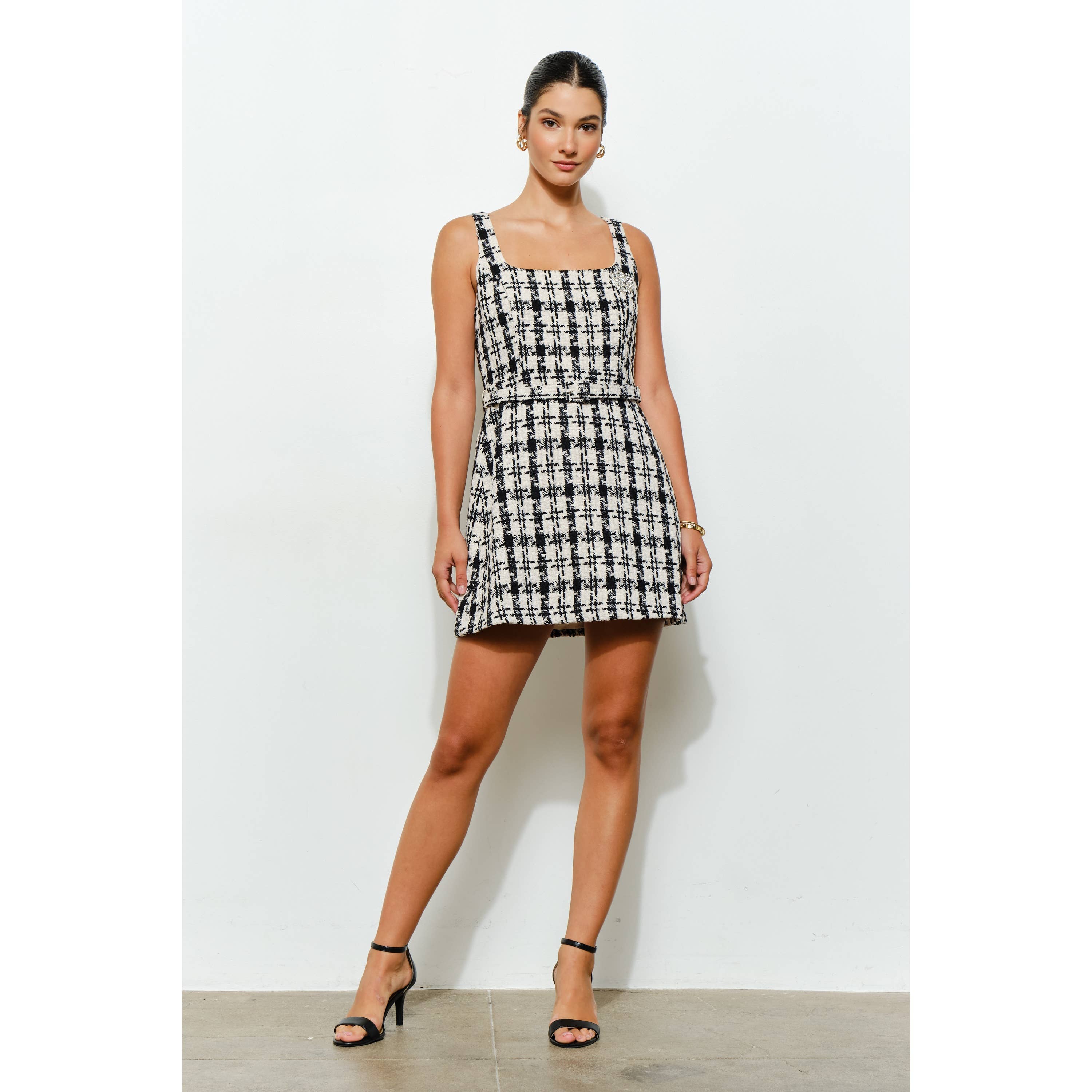 Check Tweed Brooch Detail Belted Mini Dress