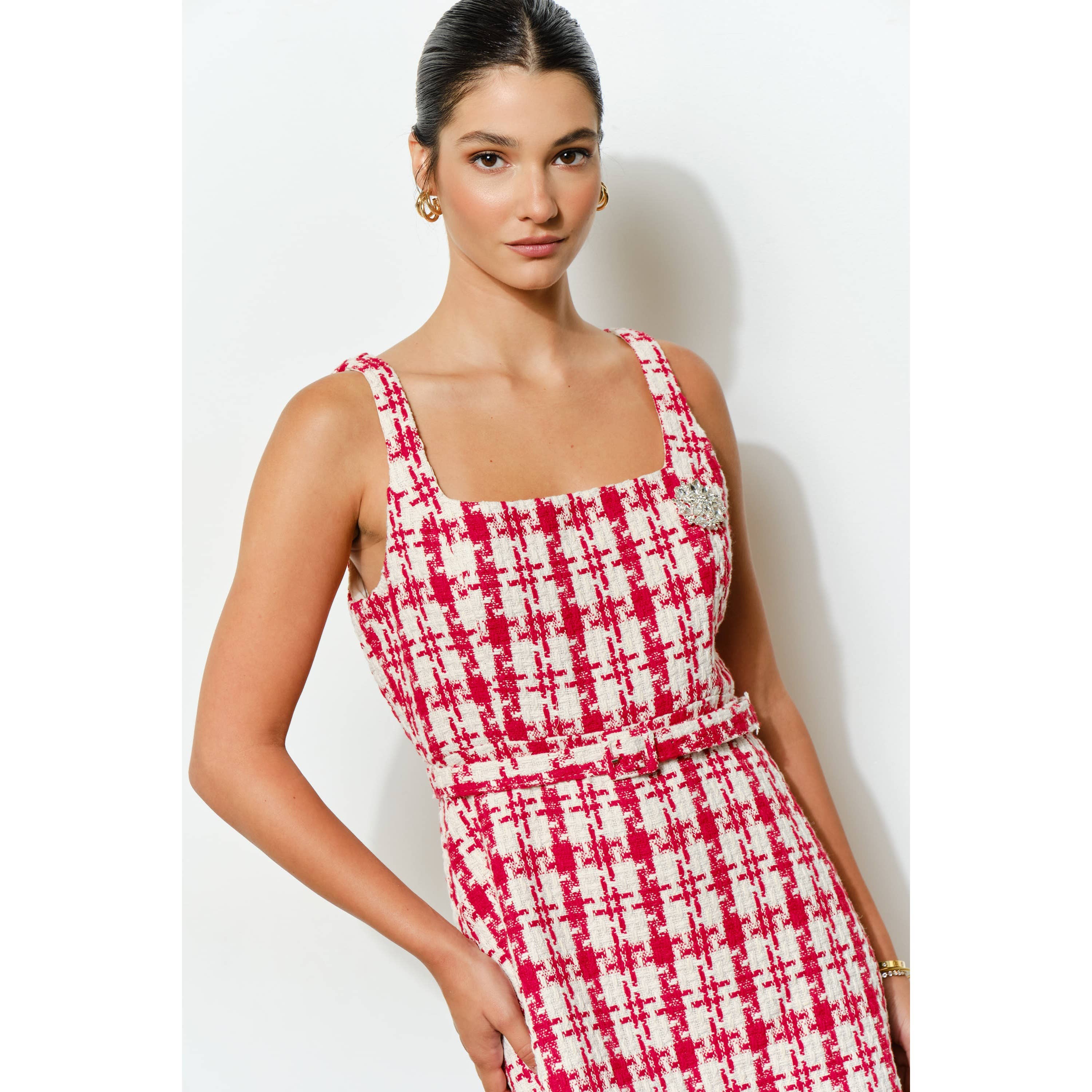 Check Tweed Brooch Detail Belted Mini Dress