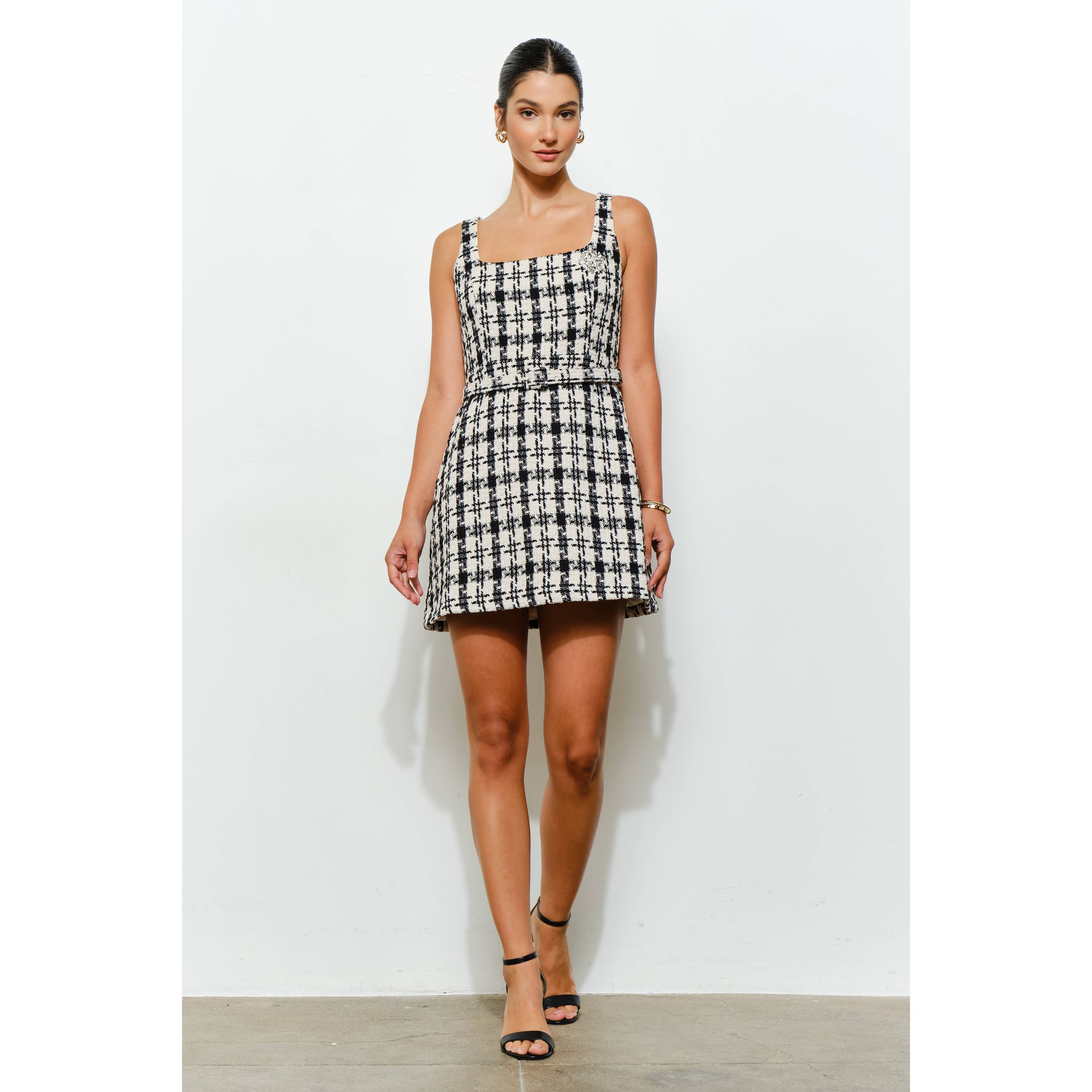 Check Tweed Brooch Detail Belted Mini Dress