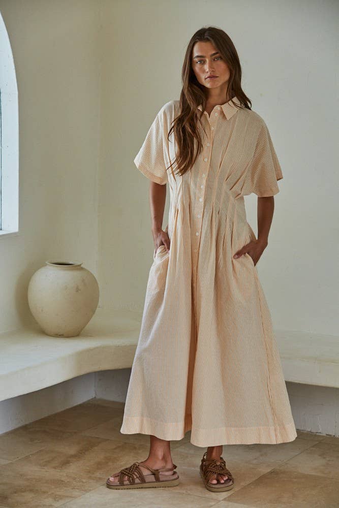L7650 | Woven Cotton Polyester Striped Pleated Flare Dress