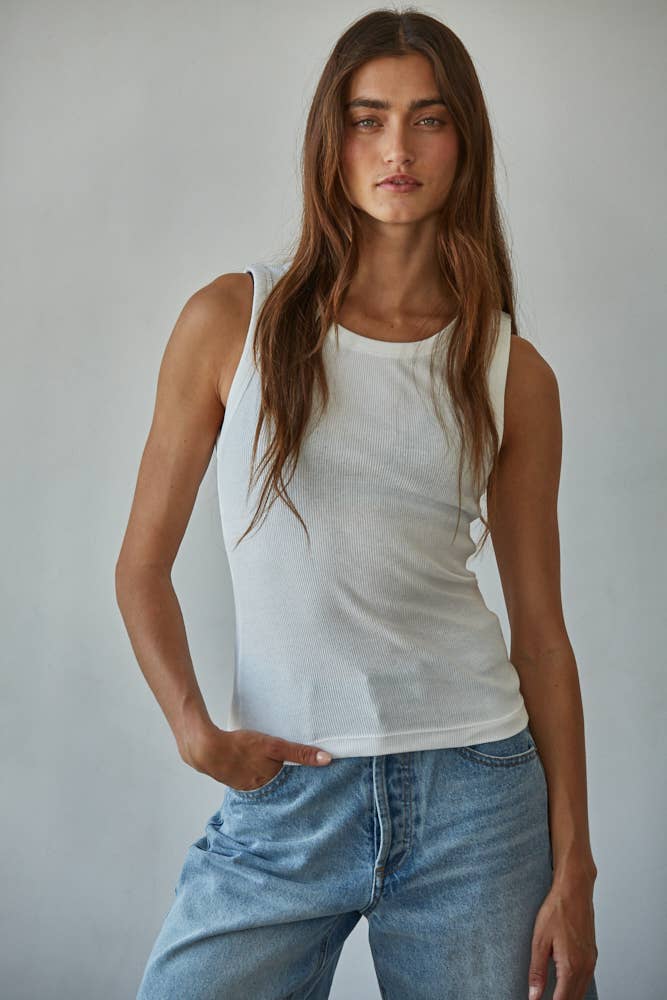 L8749 | Knit Cotton Ribbed Round Neck Sleeveless Tank Top