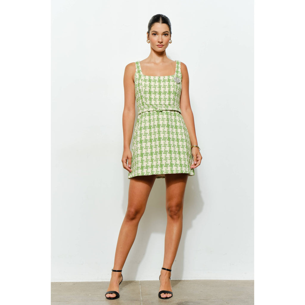 Check Tweed Brooch Detail Belted Mini Dress