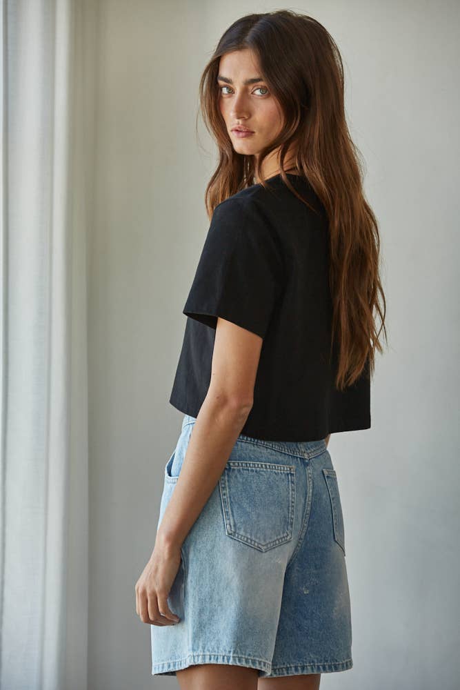 L8686 | Knit Cotton Round Neck Short Sleeve Crop Top