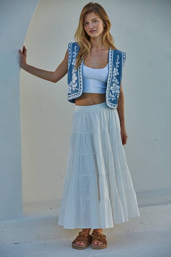 L8361 | Woven Cotton Floral Embroidered Open Front Vest Top