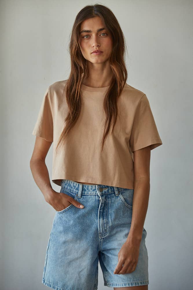 L8686 | Knit Cotton Round Neck Short Sleeve Crop Top