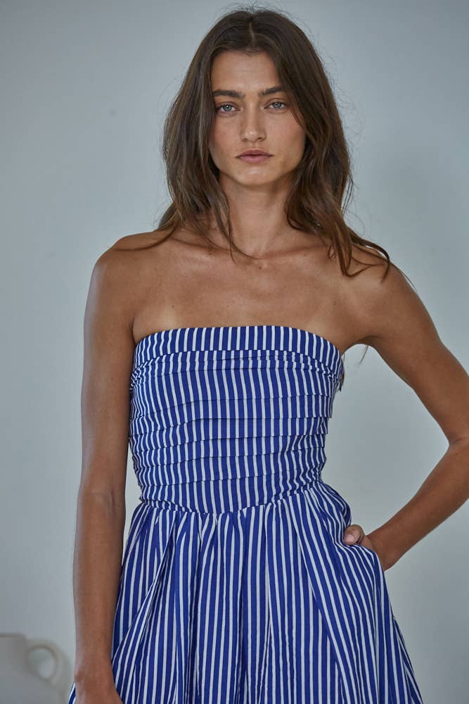 L6998 | Striped Tube Neck Strapless Flare Maxi Dress