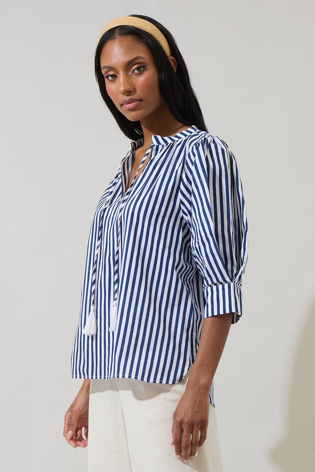 Glenda Stripe Irina Split Neck Top