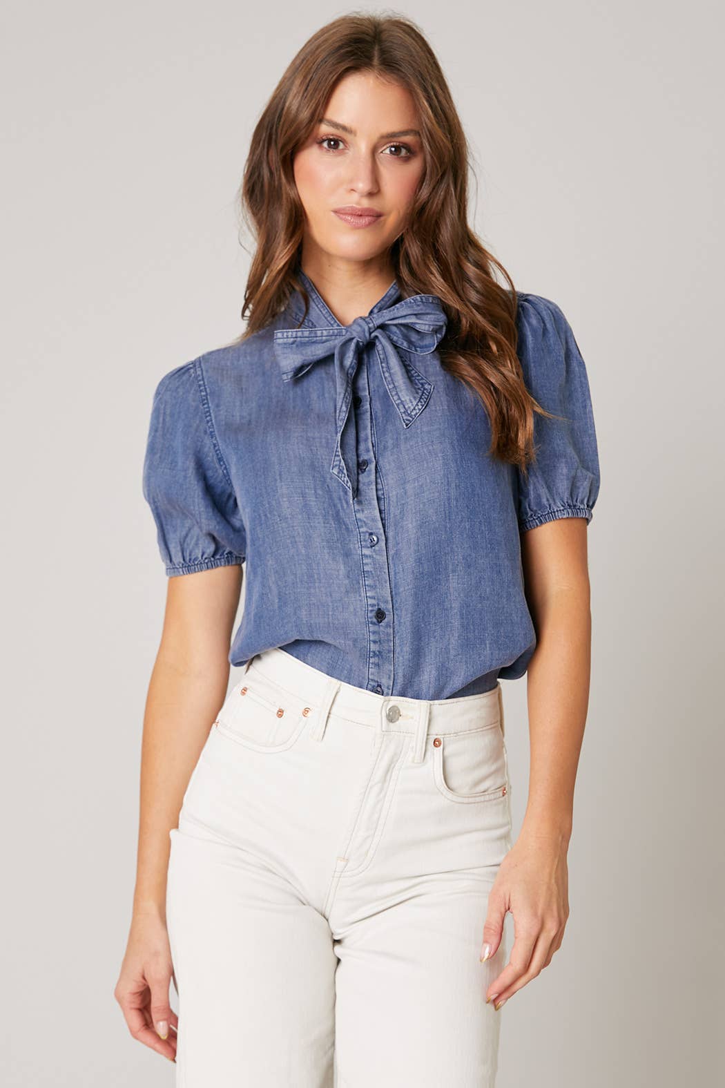 Georgina Chambray Button Front  Bow Top