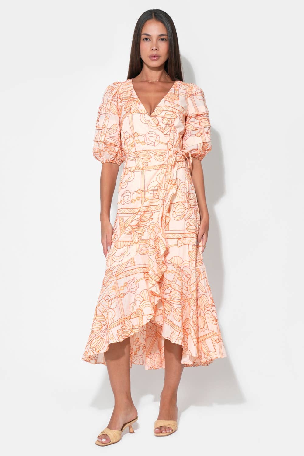 Haven Ruffle Embroidery Wrap Midi Dress