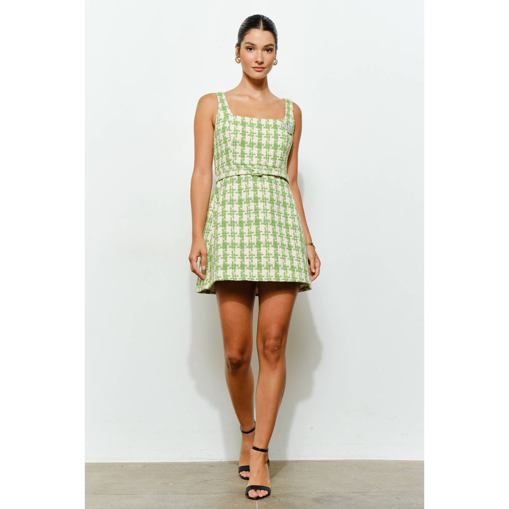 Check Tweed Brooch Detail Belted Mini Dress