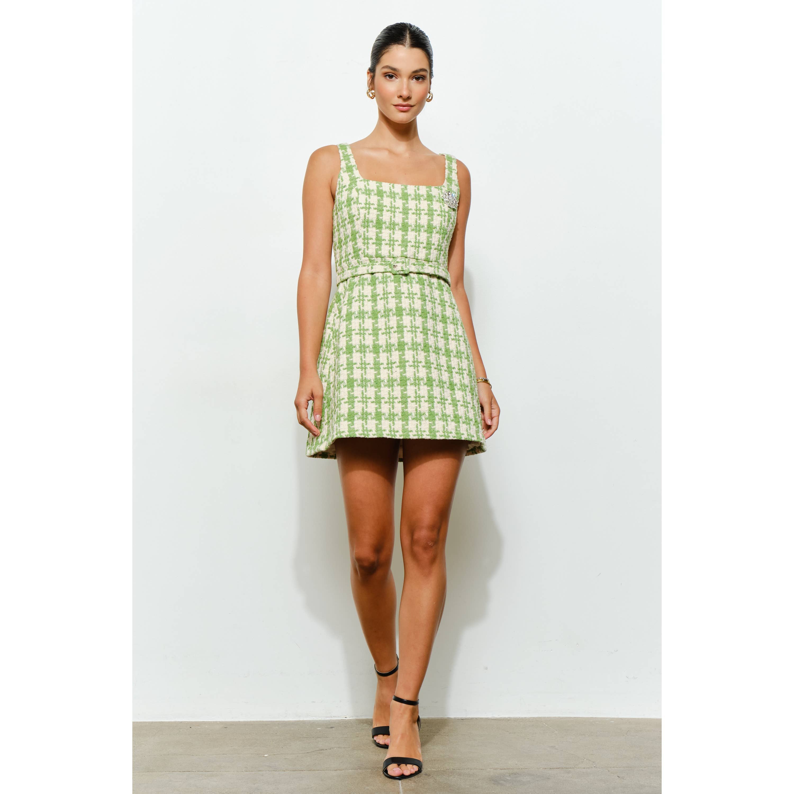 Check Tweed Brooch Detail Belted Mini Dress