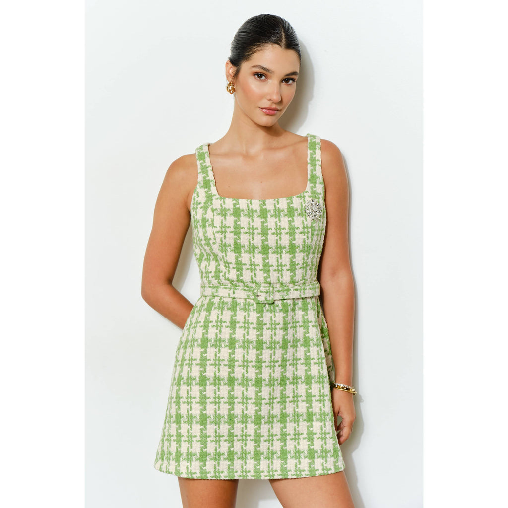 Check Tweed Brooch Detail Belted Mini Dress