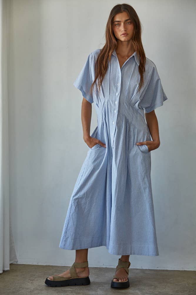 L7650 | Woven Cotton Polyester Striped Pleated Flare Dress