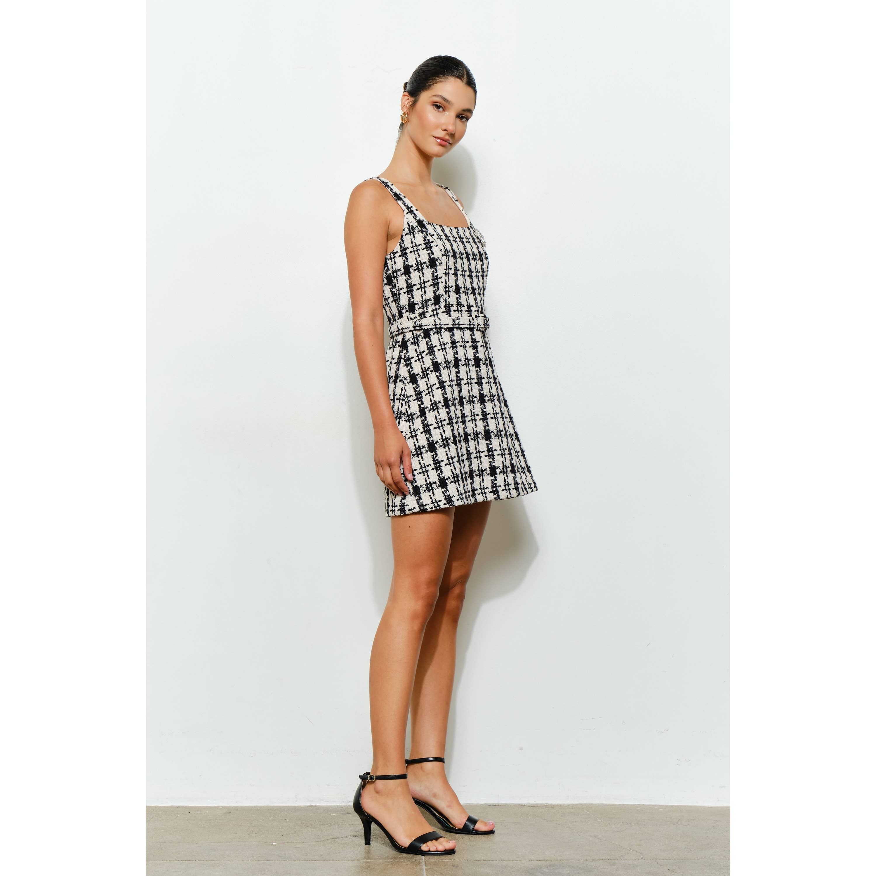 Check Tweed Brooch Detail Belted Mini Dress