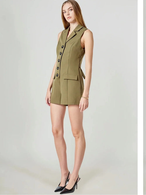 2.7 August Apparel: Notch Collared Sleeveless Romper - Olive