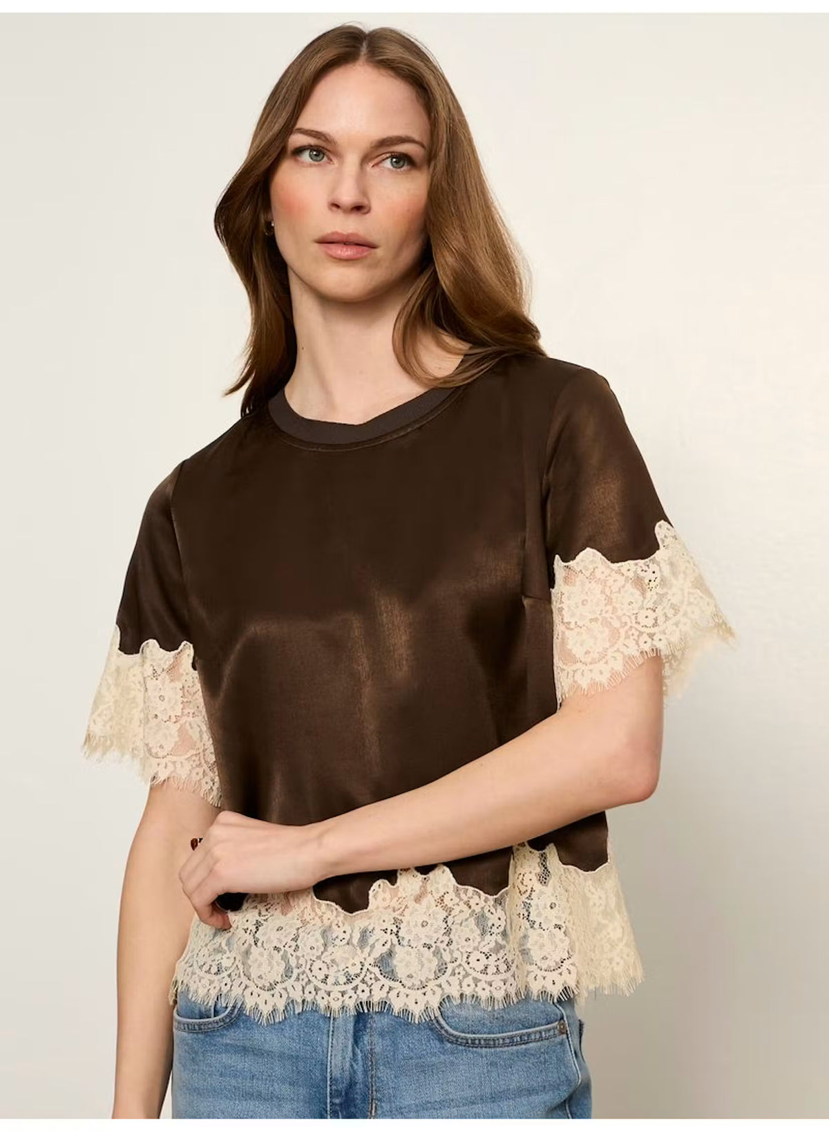 Sanctuary: One of a Kind Satin Lace Top - Espresso Martini